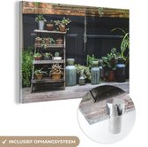 MuchoWow® Glasschilderij 60x40 cm - Schilderij acrylglas - Potten in de tuin - Foto op glas - Schilderijen