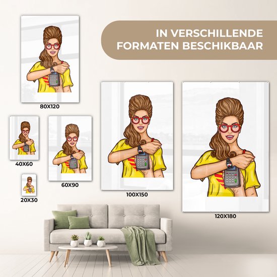 MuchoWow® Peinture sur verre - Femme Pop art avec calculatrice et montre - 60x90 cm - Peintures sur verre acrylique - Photo sur Glas