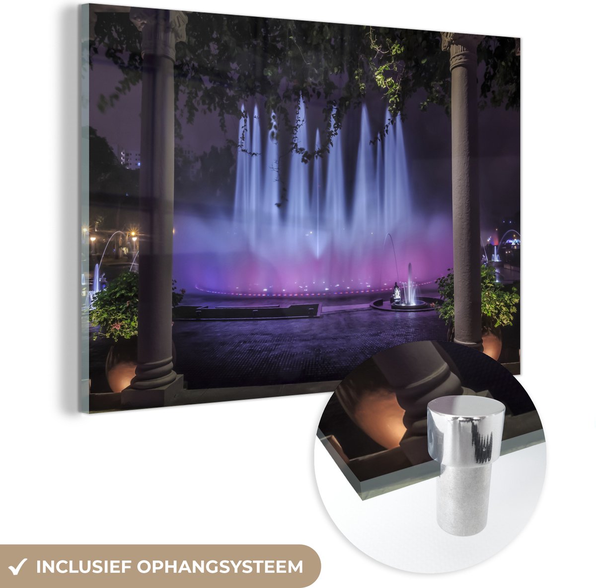 ® Glasschilderij 150x100 cm - Schilderij acrylglas - Fontein in de nacht in Lima - Foto op