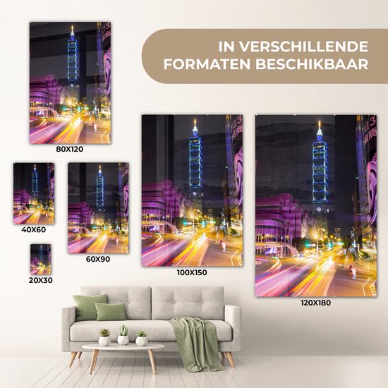 MuchoWow® Glasschilderij 80x120 cm - Schilderij acrylglas - De verlichte Taipei 101 in Taiwan bij avond - Foto op glas - Schilderijen