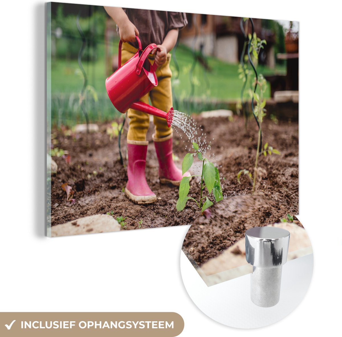 ® Glasschilderij 60x40 cm - Schilderij acrylglas - Peuter geeft de planten water met een g