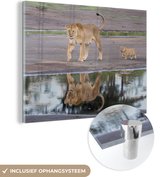MuchoWow® Glasschilderij 80x60 cm - Schilderij acrylglas - Leeuw - Water - Reflectie - Welp - Foto op glas - Schilderijen