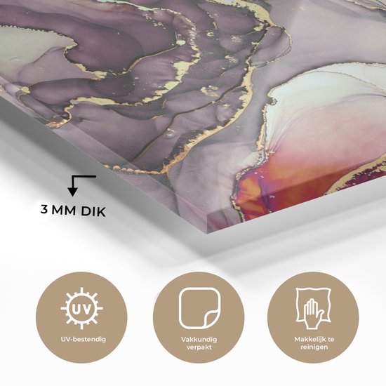 MuchoWow® Peinture sur Verre - Marbre - Rouge - Violet - Or - 60x40 cm - Peintures sur Verre Acrylique - Photo sur Glas