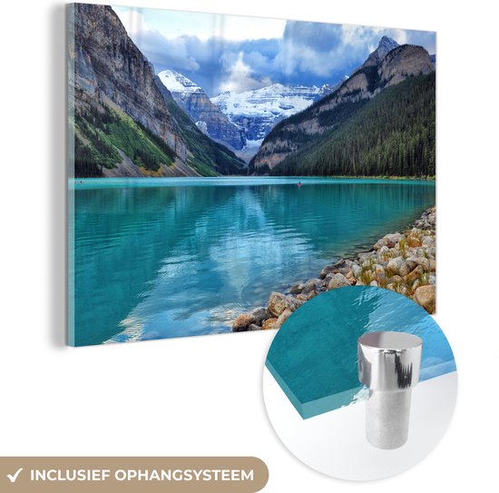 MuchoWow® Glasschilderij 90x60 cm - Schilderij acrylglas - Meer in het Nationaal park Banff in Alberta - Foto op glas - Schilderijen