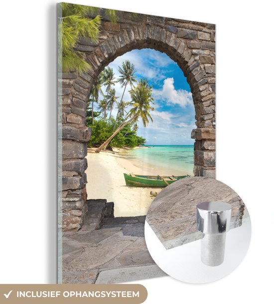 Tuinposter - 100x100 cm - Strand - Palm - Doorkijk - Zee - Kano