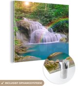 MuchoWow® Glasschilderij 20x20 cm - Schilderij acrylglas - Regenboog - Zon - Waterval - Natuur - Foto op glas - Schilderijen