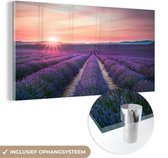 MuchoWow® Glasschilderij 80x40 cm - Schilderij acrylglas - Lavendel - Paars - Bloemen - Lucht - Foto op glas - Schilderijen