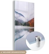 MuchoWow® Glasschilderij 40x80 cm - Schilderij acrylglas - Herfst - Mist - Water - Landschap - Foto op glas - Schilderijen