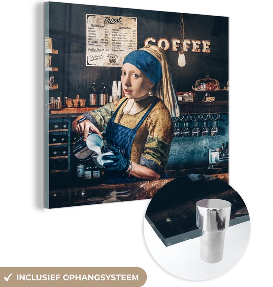 MuchoWow® Glasschilderij 50x50 cm - Schilderij acrylglas - Koffie - Meisje met de parel - Barista - Vermeer - Cappuccino - Schilderij - Foto op glas - Schilderijen