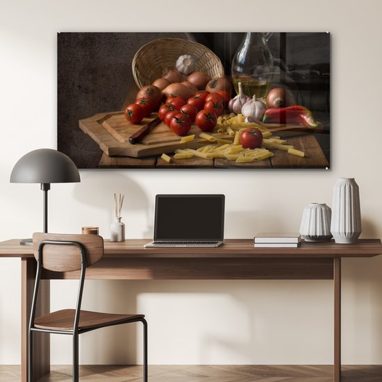 MuchoWow® Tableau sur verre 120x60 cm - Tableau sur verre acrylique - Planche à découper - Légume - Nature morte - Pâtes - Oignon - Tomate - Planche à découper - Photo sur verre - Décoration murale salon - Décoration murale chambre - Peintures