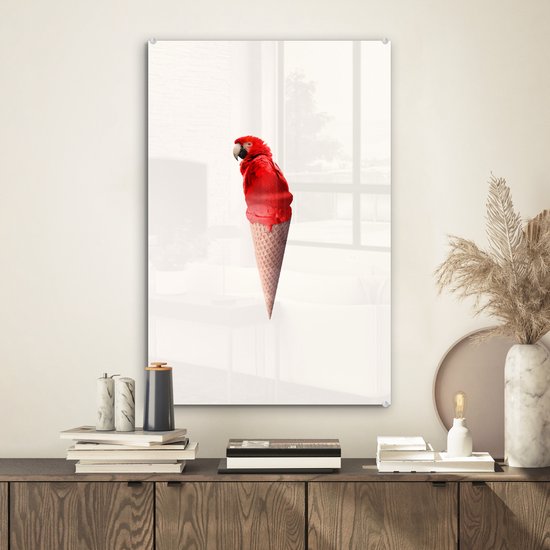MuchoWow® Peinture sur verre 40x60 cm - Peinture sur verre acrylique - Glace - Perroquet - Rouge - Cornets de glace - Wit - Photo sur verre - Peintures