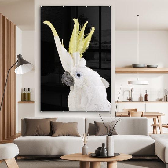 MuchoWow® Glasschilderij 120x180 cm - Schilderij acrylglas - Een kaketoe met een gele kuif - Foto op glas - Schilderijen