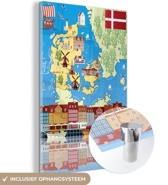 MuchoWow® Glasschilderij 40x60 cm - Schilderij acrylglas - Illustratie van een cartoonachtige kaart van Denemarken - Foto op glas - Schilderijen