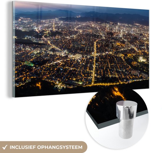 ® Glasschilderij 120x60 cm - Schilderij acrylglas - Panorama van Daegu vanuit Apsan berg in Zuid-Korea - Foto op glas - Muurdecoratie woonkamer - Wanddecoratie slaapkamer - Schilderijen