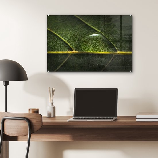 MuchoWow® Peinture sur verre 60x40 cm - Peinture sur verre - Photo de goutte d'eau sur une feuille botanique - Photo sur verre acrylique - Peintures