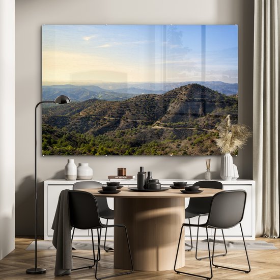 Peinture sur verre MuchoWow® 150x100 cm - Peinture sur verre acrylique - Les montagnes du Trodos à Chypre par une journée ensoleillée - Photo sur verre - Peintures