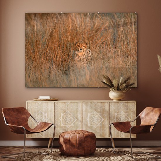 MuchoWow® Peinture sur verre 150x100 cm - Peinture sur verre acrylique - Cheetah - Camouflage - Herbe - Photo sur verre - Peintures