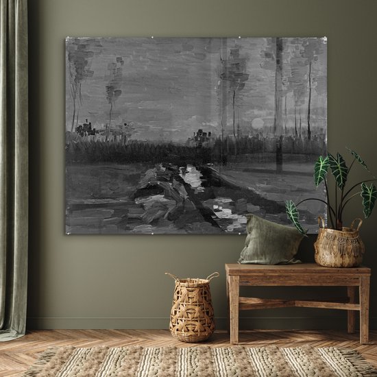MuchoWow® Glasschilderij 160x120 cm - Schilderij acrylglas - Landschap in de schemering - Vincent van Gogh - Zwart - Wit - Foto op glas - Schilderijen