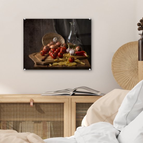 MuchoWow® Tableau sur verre 40x30 cm - Tableau sur verre acrylique - Planche à découper - Légume - Nature morte - Pâtes - Oignon - Tomate - Planche à découper - Photo sur verre - Décoration murale salon - Décoration murale chambre - Peintures