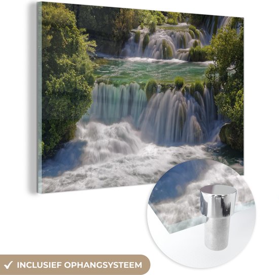 MuchoWow® Glasschilderij 150x100 cm - Schilderij acrylglas - Woeste watervallen in de rivieren in het Nationaal park Krka in Kroatië - Foto op glas - Schilderijen