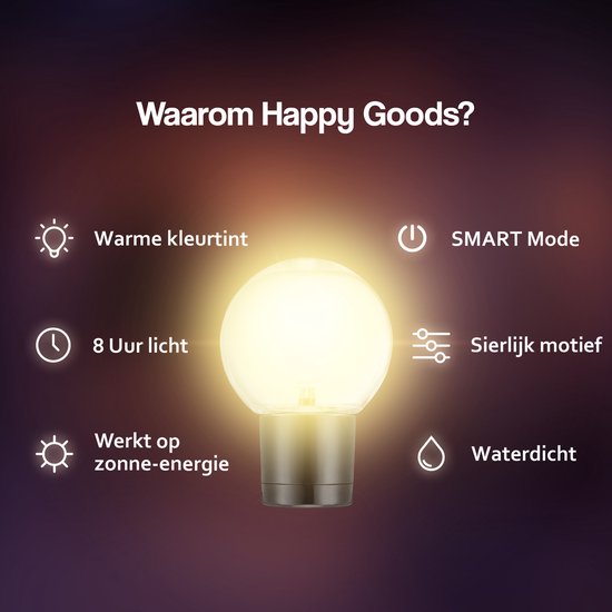 Happy Goods Solar Tuinverlichting op Zonneenergie - 20 LED - 3 Meter verlicht + 2 Meter snoer - Lampjes Slinger - Lichtsnoer Buiten - Fairy Lights - Solar - Sfeerverlichting - Buitenverlichting - Buitenlamp
