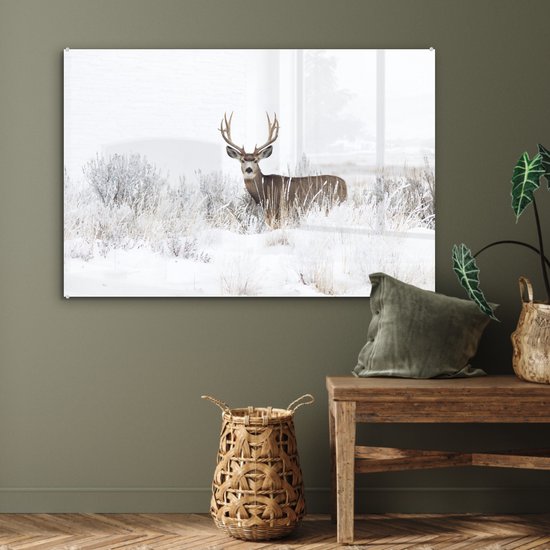 MuchoWow® Peinture sur Verre - Cerf - Hiver - Neige - Animaux - Saisons - Wit - 90x60 cm - Peintures sur Verre Peintures - Photo sur Glas