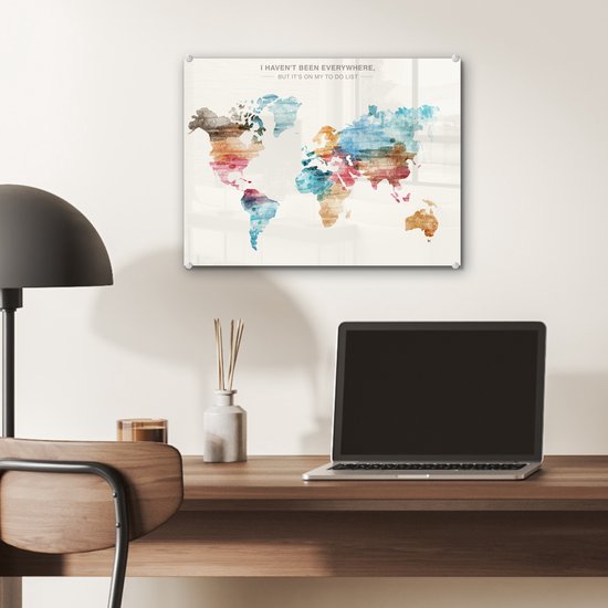 MuchoWow® Peinture sur verre 40x30 cm - Peinture sur verre acrylique - Wereldkaart - Citations - Aquarelle - Enfants - Garçons - Filles - Bucket list - Photo sur verre - Peintures