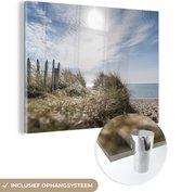 MuchoWow® Glasschilderij 80x60 cm - Schilderij acrylglas - Zon - Wolken - Strand - Foto op glas - Schilderijen