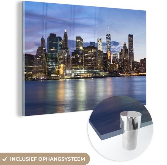 MuchoWow® Glasschilderij 60x40 cm - Schilderij acrylglas - New York - Water - Skyline - Foto op glas - Schilderijen