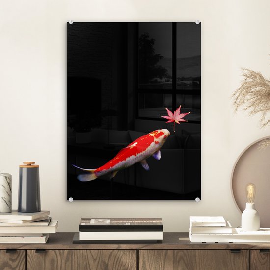 Peinture sur verre - Une carpe koï avec un étang sombre feuille d'érable - 30x40 cm - Peintures sur Verre Peintures - Photo sur Glas