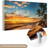 Glasschilderij - Schilderij zee - Strand - Horizon - Palmboom - Zee - Landschap - 40x20 cm - Acrylglas - Kamer decoratie - Foto op glas - Glazen schilderij