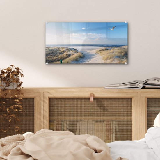 Peinture sur verre - Feuille acrylique - Mouette - Mer - Dunes - Décoration murale - 40x20 cm - Décoration d'intérieur - Peinture sur verre mer - Photo sur verre - Verre acrylique - Décoration murale