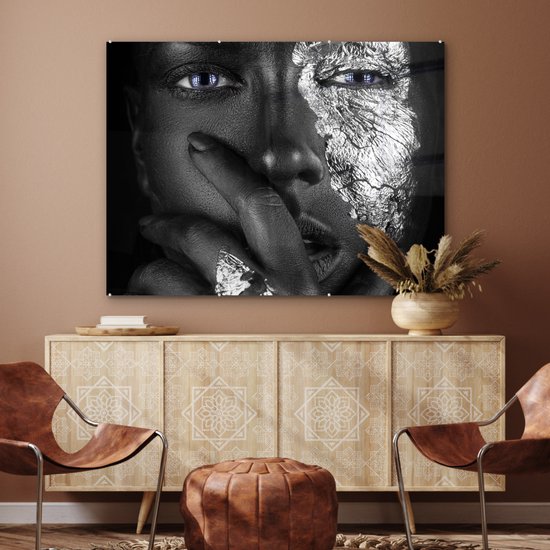 MuchoWow® Peinture sur verre - Femme - Argent - Zwart - Blauw - 120x90 cm - Peintures sur verre acrylique - Photo sur Glas