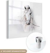 MuchoWow® Glasschilderij 50x50 cm - Schilderij acrylglas - Paard - Waterverf - Dieren - Wit - Foto op glas - Schilderijen