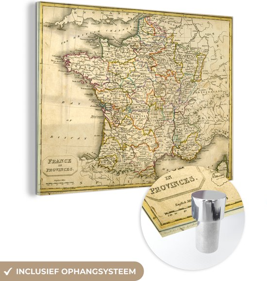 MuchoWow® Glasschilderij 40x30 cm - Schilderij acrylglas - Een illustratie van een antieke kaart van Frankrijk in Europa - Foto op glas - Schilderijen