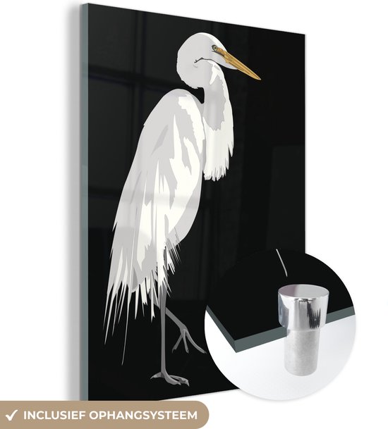 MuchoWow® Glasschilderij 30x40 cm - Schilderij acrylglas - Een illustratie van een grote witte reiger tegen een zwarte achtergrond - Foto op glas - Schilderijen