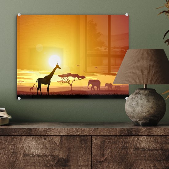® Glasschilderij 40x30 cm - Schilderij acrylglas - Illustratie van een Afrikaanse zonsondergang met een giraffe en olifant - Foto op glas - Muurdecoratie woonkamer - Wanddecoratie slaapkamer - Schilderijen