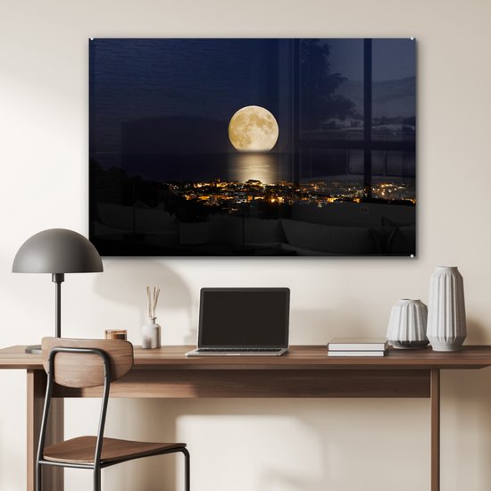 MuchoWow® Peinture sur verre - Lune - Mer - Ville - 120x80 cm - Peintures acrylique - Photo sur Glas