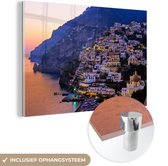 MuchoWow® Glasschilderij 90x60 cm - Schilderij acrylglas - Positano aan de Amalfikust tijdens zonsondergang - Foto op glas - Schilderijen