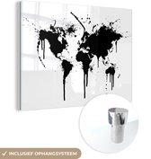 MuchoWow® Glasschilderij 80x60 cm - Schilderij acrylglas - Wereldkaart - Inkt - Zwart - Foto op glas - Schilderijen
