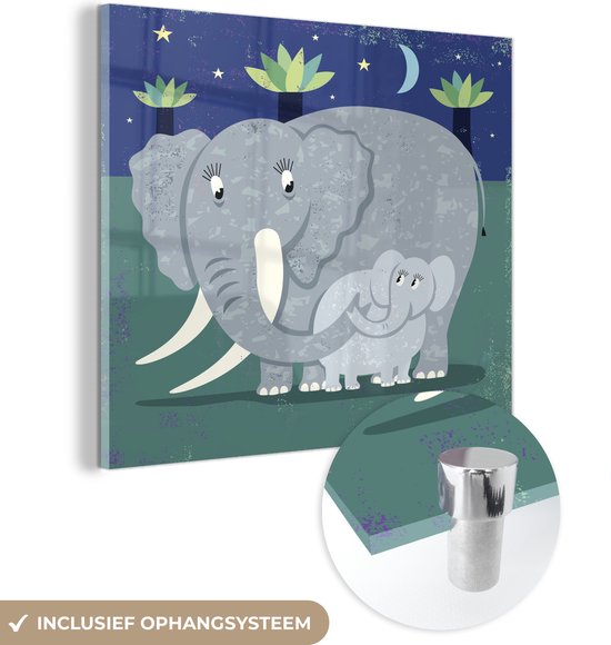 MuchoWow® Glasschilderij 50x50 cm - Schilderij acrylglas - Een illustratie van een grote olifant met een baby olifant - Foto op glas - Schilderijen