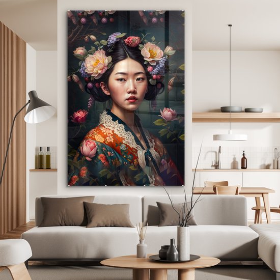 Peinture sur verre femme - Fleurs - Kimono - Asiatique - Portrait - Plaque de verre - Peinture sur Verres - Décoration murale murale verre - 100x150 cm - Peintures sur verre salon - Décoration maison - Photo sur verre