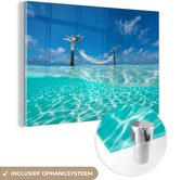 MuchoWow® Glasschilderij 30x20 cm - Schilderij acrylglas - Zomer - Zee - Hangmat - Foto op glas - Schilderijen