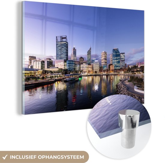 MuchoWow® Peinture sur verre 30x20 cm - Peinture sur verre acrylique - Les grands bâtiments illuminés le long de la rivière Swan à Perth - Photo sur verre - Peintures