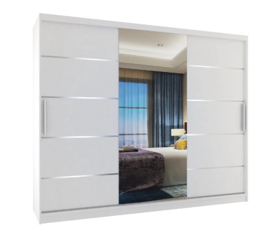 Armoire blanche 235 cm - avec miroir - Portes coulissantes- 4 tiroirs