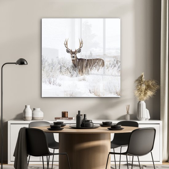MuchoWow® Peinture sur Verre - Cerf - Hiver - Neige - Animaux - Saisons - Wit - 90x90 cm - Peintures sur Verre Acrylique - Photo sur Glas