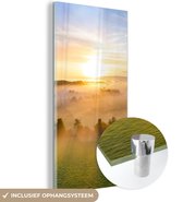 MuchoWow® Glasschilderij 40x80 cm - Schilderij acrylglas - Kleurrijke zonsopkomst boven een kalm landschap - Foto op glas - Schilderijen