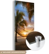 MuchoWow® Glasschilderij 40x80 cm - Schilderij acrylglas - Hangmat op strand tijdens zonsondergang in Jamaica - Foto op glas - Schilderijen