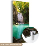 MuchoWow® Glasschilderij 40x80 cm - Schilderij acrylglas - Zonlicht bij een waterval in het Nationaal park Erawan in Thailand - Foto op glas - Schilderijen