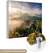 MuchoWow® Glasschilderij 90x90 cm - Schilderij acrylglas - Berg in de mist - Foto op glas - Schilderijen
